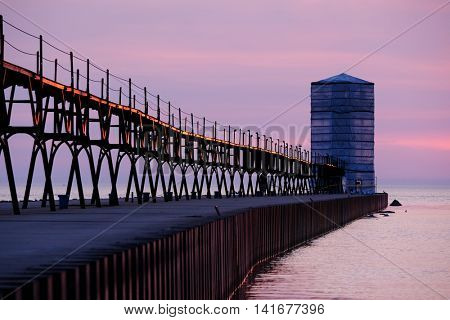 Manistee North Pierhead Lighthouse restoration, built in 1870, Lake Michigan, MI, USA