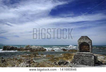 Brick old-fashioned fireplace on the Pacific  ocean coast. Kaikoura, South Island, New Zealand