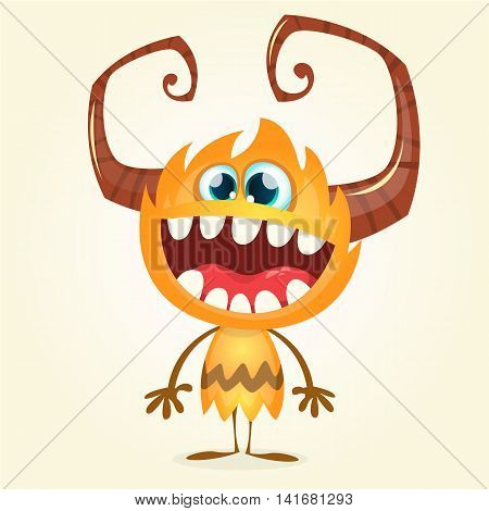 Happy orange monster. Vector Halloween horned monster character smiling isolated