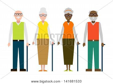 Smiling grandparents set. Happy old family couple. Grandmother and grandfather. Gray hair and wrinkles. Grandparents with cane.