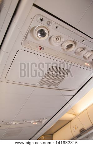 Interior of a commercial airplane, closeup sign
