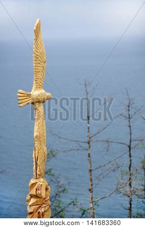 Wooden shaman totems at Burhan Cape, Baikal Lake, Russian Federation