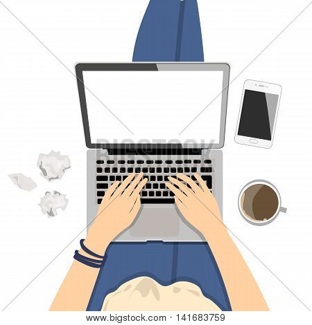 Girl with laptop. Seen from above, plan view. Concept of home office, surfing the Internet, writing and freelance.