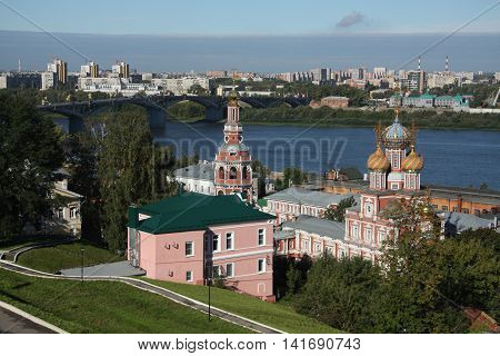 Panorama of Stroganov church and Oka river in Nizhny Novgorod, Russia