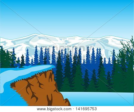 The Beautiful winter landscape with mountain and wood.Vector illustration