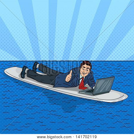 Successful Businessman Surfing on the Sea with Laptop. Pop Art Vector illustration