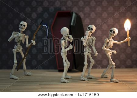Three skeletons in the dark place and the reaper behind them