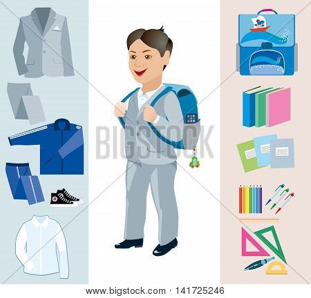Schoolgirl with satchel behind and various school subjects