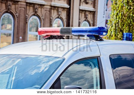 Blue and red roof lights mounted on police car