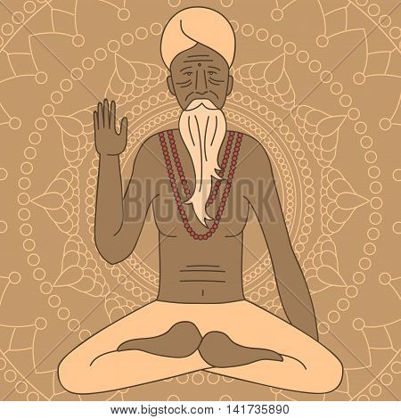 yoga meditating sadhu, logo asia hinduism monk, india religious guru man character, mandala