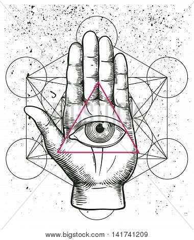 Hipster illustration with sacred geometry, hand, and all seeing eye symbol nside triangle pyramid. Eye of Providence. Masonic symbol. 