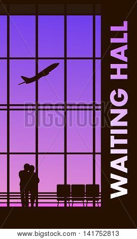 vector illustration of the airport building waiting room large picture window people silhouettes mourners vertical poster