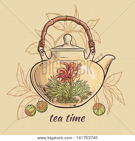 Vector Illustration with flowering tea in teapot on color background