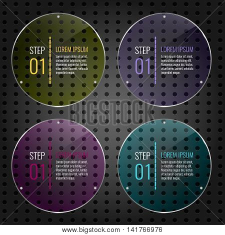 Set of multicolored glass banner panels on metal dotted background. Glossy transparent plates. Business infographic elements for your design. Vector illustration.