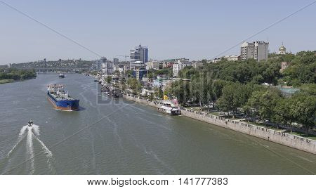 Swimming cargo ships on the river in Rostov-on-Don
