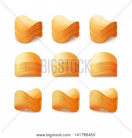 Vector  Set of  Potato Crispy Chips Stacks Close up Isolated on White Background
