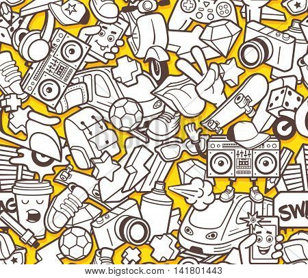 Graffiti seamless pattern with urban lifestyle line icons. Crazy doodle abstract vector background. Trendy outline style collage with bizarre street art elements. Adult coloring book design template