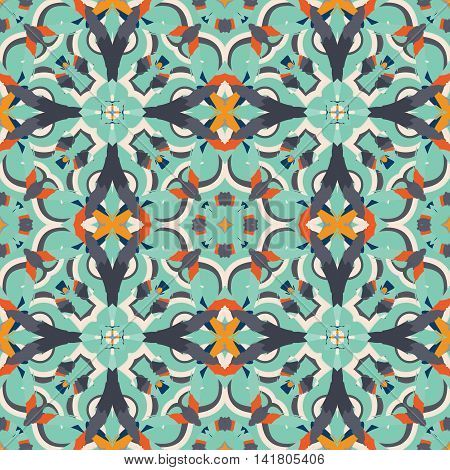 Abstract seamless pattern with geometric and floral ornaments ethnic boho style. Tile repeat.
