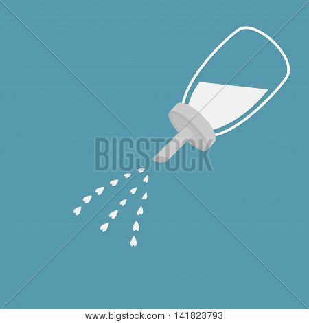 Sugar bowl basin shaker bottle with hearts crystals inside. Glass container. Line icon. Flat design. Isolated. Blue background. Vector illustration.