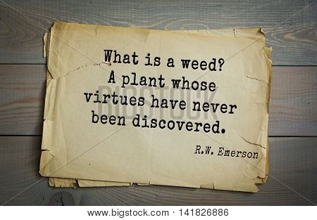 Aphorism Ralph Waldo Emerson (1803-1882) - American essayist, poet, philosopher, social activist quote. What is a weed? A plant whose virtues have never been discovered. 