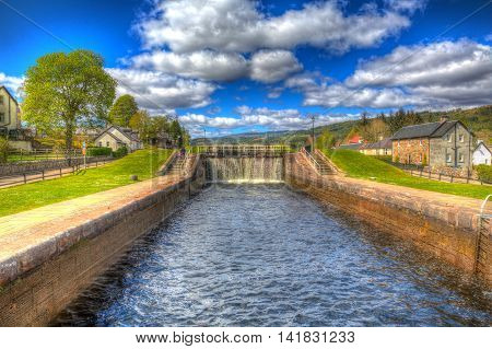 Caledonian canal lock gate Fort Augustus Scotland UK in colourful HDR