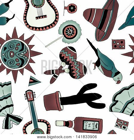Seamless pattern with fiesta elements. Meaxican holiday background with hand drawn doodles.