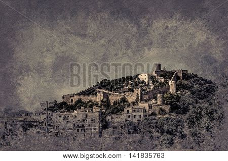 Capdepera castle on green hill in Mallorca island, Spain. Vintage painting, background illustration, beautiful picture, travel texture