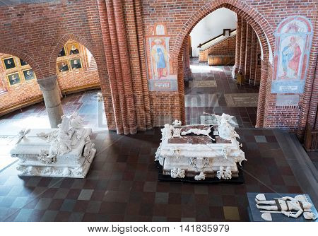 Roskilde Denmark - July 23 2015: The chancel with the Royal tombs in the medieval Cathedral