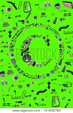 Copyright icone with auto parts for car. Spare parts for car for shop, aftermarket OEM. Many auto parts isolated in copyright icone on green screen, chroma key
