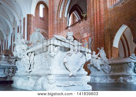 Roskilde Denmark - July 23 2015: The chancel with the Royal tombs in the medieval Cathedral