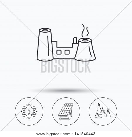 Solar collector energy, factory and industries icons. Solar energy linear signs. Linear icons in circle buttons. Flat web symbols. Vector