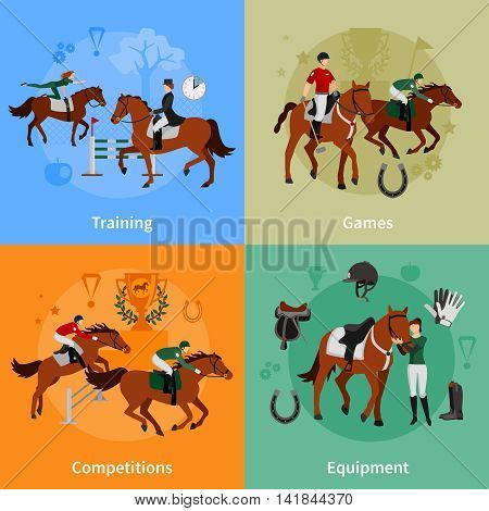 Horse rising sport 2x2 flat concept set of jockey equipment training games competitions design compositions vector illustration