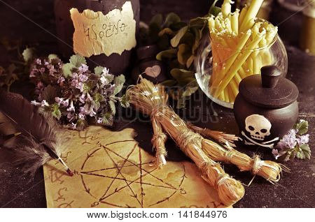 Voodoo theme with love potion and pentagram symbol, Halloween background