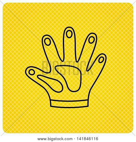Construction gloves icon. Textile hand protection sign. Housework cleaning equipment symbol. Linear icon on orange background. Vector