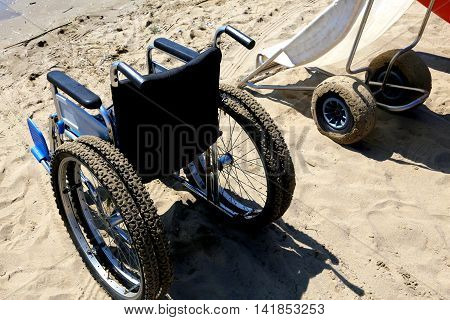 Two Wheelchairs On The Sand Of The Beach