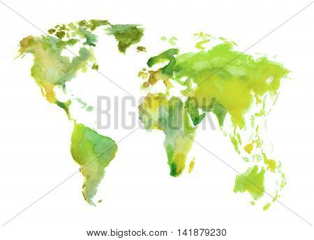 Watercolor green world map. Beautiful map with lands and islands. Watercolor illustration for decoration.