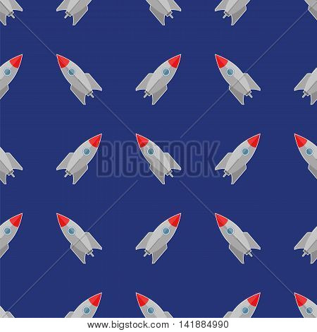 Space Rocket Flying on Blue Sky Background. Seamless Pattern