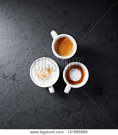 Cup of cappuccino, espresso macchiato and espresso