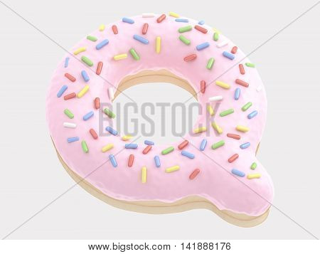 The font in the form of a donut with pink cream and multi-colored candy. 3d rendering