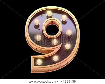Gold lamp font in the form of signboard. 3d rendering.