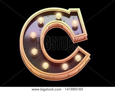 Gold lamp font in the form of signboard. 3d rendering.
