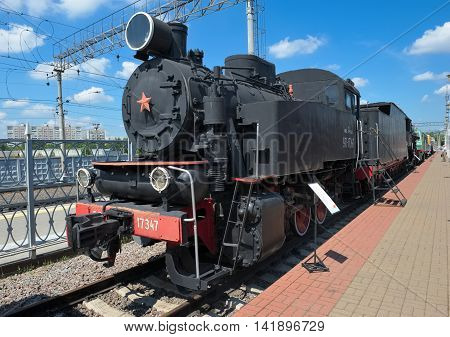 MOSCOW, RUSSIA - JUNE 23, 2016: Museum of Railway Transport of the Moscow railway soviet Industrial steam locomotive 9P-17347 was used for shunting operations built in 1953