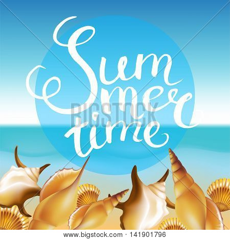 Frame with Hand Drawn Calligraphic Word "Summer time" on summer beach background. Vector illustration.