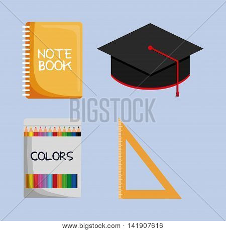 Notebook graduation cap colors ruler icon. School implements. Vector graphic