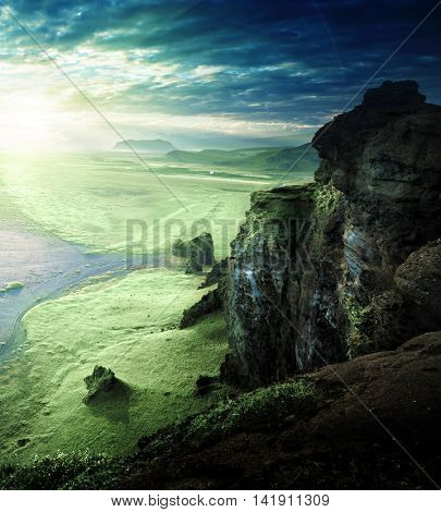 the black sand beach from the cliff, Iceland