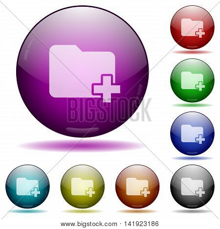 Set of color Add new folder glass sphere buttons with shadows.