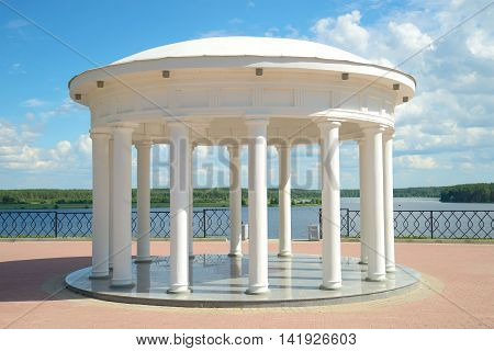 MYSHKIN, RUSSIA - JULY 13, 2016: The Gazebo-rotunda at the new Volga embankment. Tourist landmark of the city Myshkin, Russia