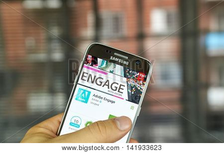 MONTREAL CANADA - JULY 15 : Adobe application on Samsung s7 screen. Adobe Engage is the Adobe Partner Program magazine.