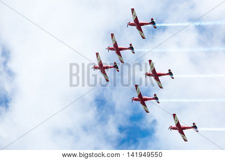 Melbourne, Australia - January 26 - The famous Red Arrows fly to celebrate Australia Day in Melbourne, Victoria, Australia