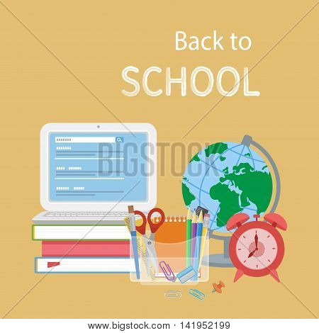 Back to school text. Open laptop with search form, textbooks, alarm clock, globe, stationery, notebook, pencils, scissors. Flat Style Education Concept. Vector illustration.